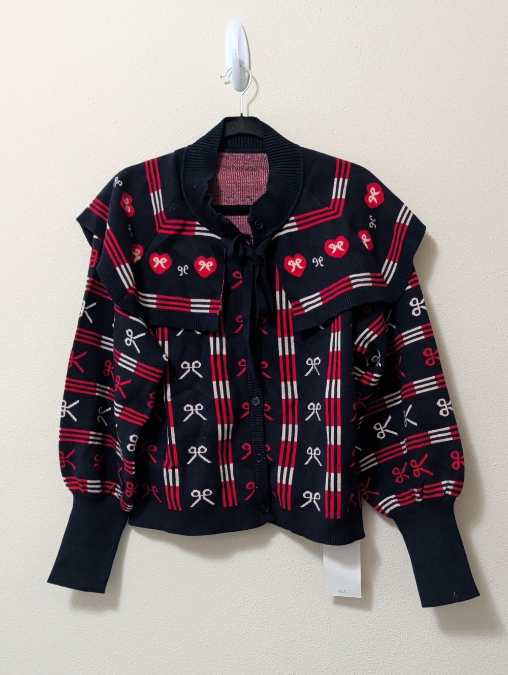 Navy Red Ribbon-Print Knit Sweater